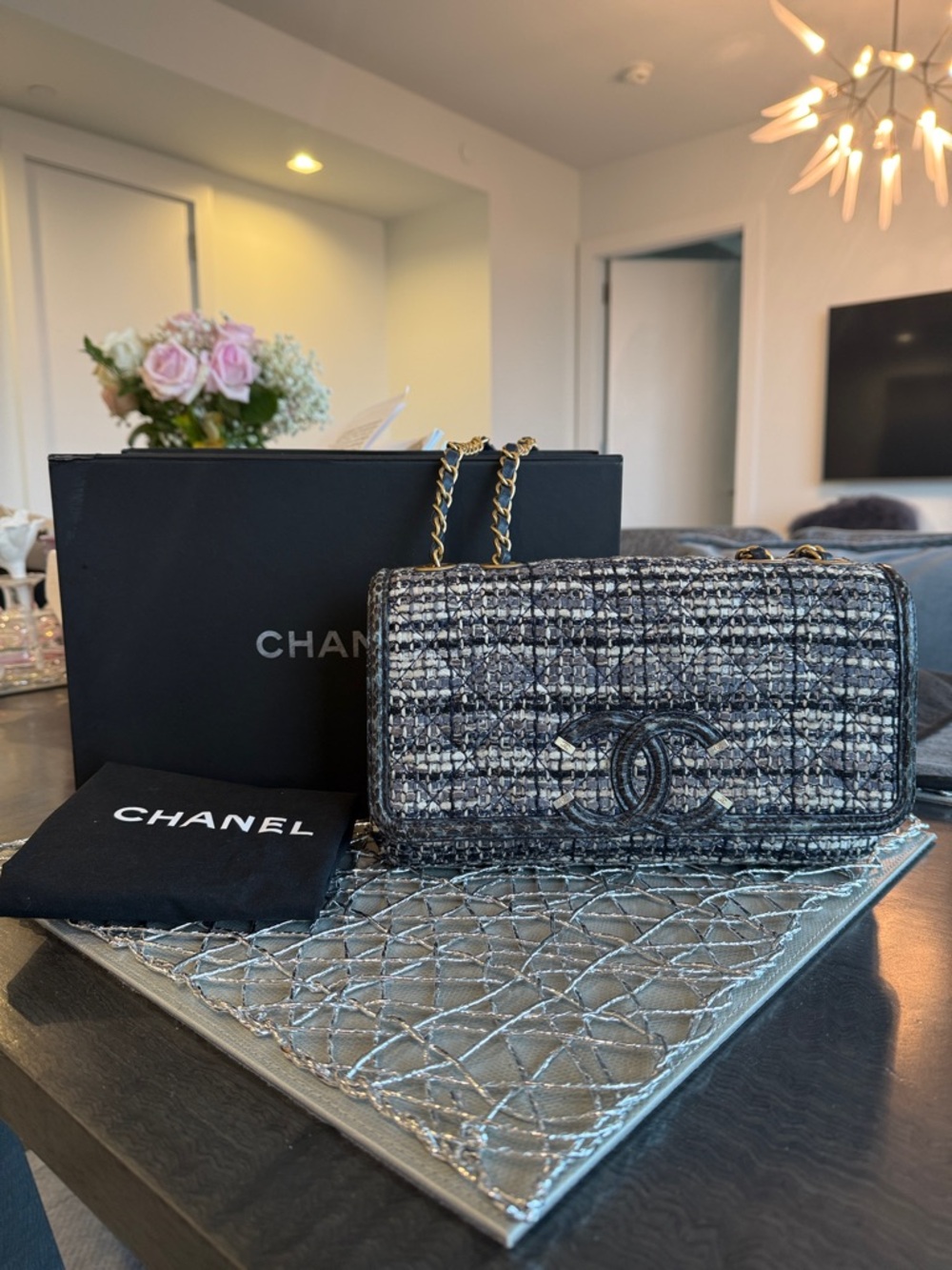 CHANEL Black Navy & Gray Tweed Quilted Flap Shoulder Bag with Gold Chain